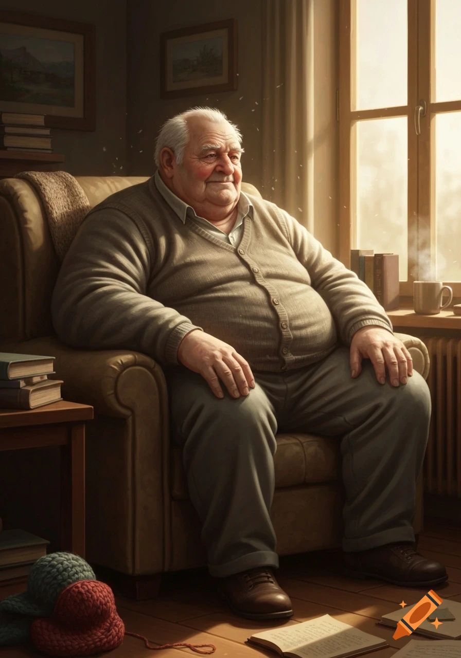 An overweight elderly man in a cardigan sits in an armchair by a sunlit window in a cozy, realistic room.