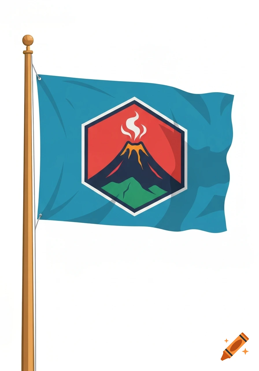 Stylized illustration of a blue flag with a hexagonal emblem showing a vibrant erupting volcano, on a wooden flagpole.