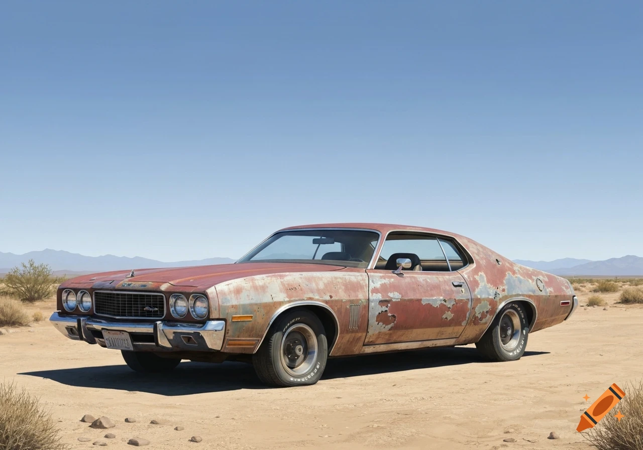 A rusty, faded American muscle car is parked on a dirt road in a sunny desert landscape under a clear blue sky.