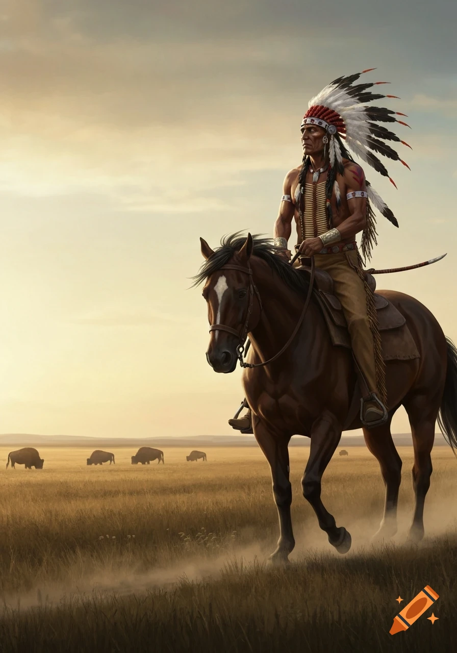 A proud Native American warrior on horseback watches a herd of buffalo across a golden prairie at sunset.