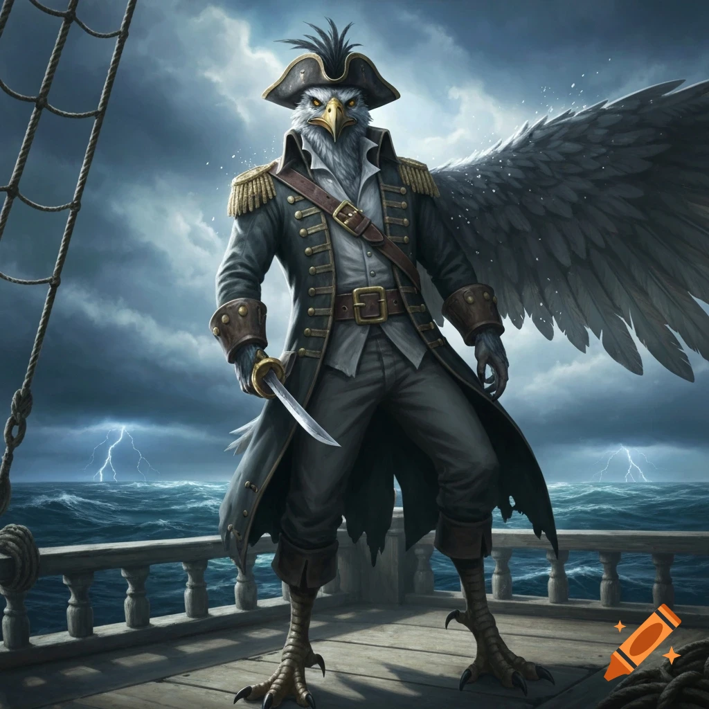 A majestic anthropomorphic eagle pirate in a detailed captain's coat stands on a ship deck during a stormy sea with lightning.