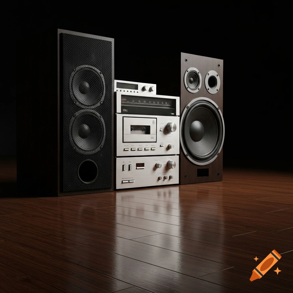 Vintage stereo system with stacked components and large speakers on a shiny wooden floor against a dark background.