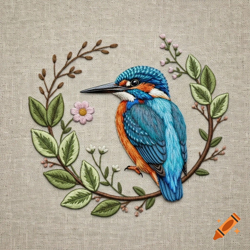 An intricately embroidered blue and orange kingfisher bird perched on a floral wreath on a linen background.