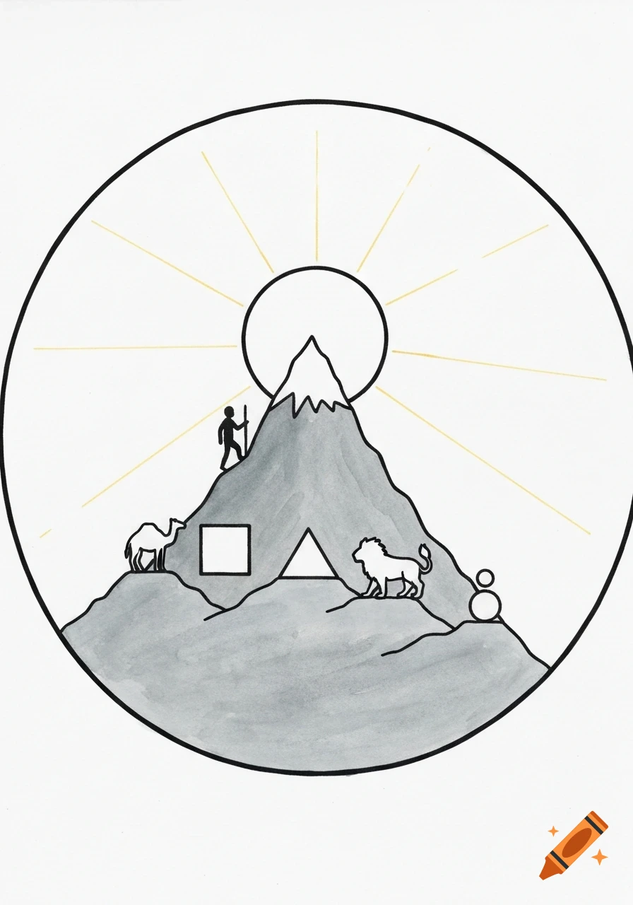 Childlike watercolor illustration of a mountain with a sun, a figure climbing, a camel, a lion, and geometric shapes, all inside a circle.