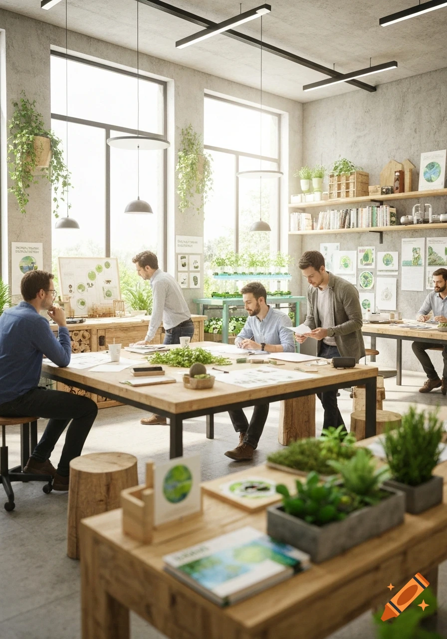 Men working in a modern, plant-filled office with large windows, discussing sustainable development and ecology projects. Photorealistic style.