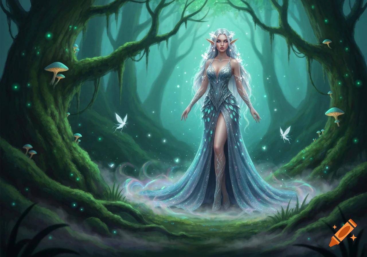 An elegant elf woman with white hair and pointed ears, wearing a sparkling blue and green dress, stands in a magical, glowing forest.