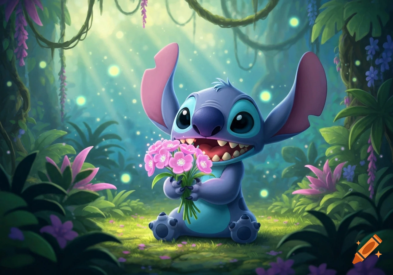 Stitch, the blue alien, sits happily in a lush jungle, holding a bouquet of pink flowers.