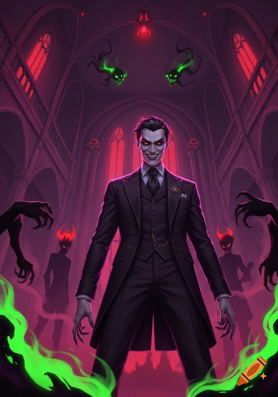 A pale-faced man with a sinister smile and glowing red eyes stands in a gothic cathedral, surrounded by shadowy horned figures and green spectral skulls.