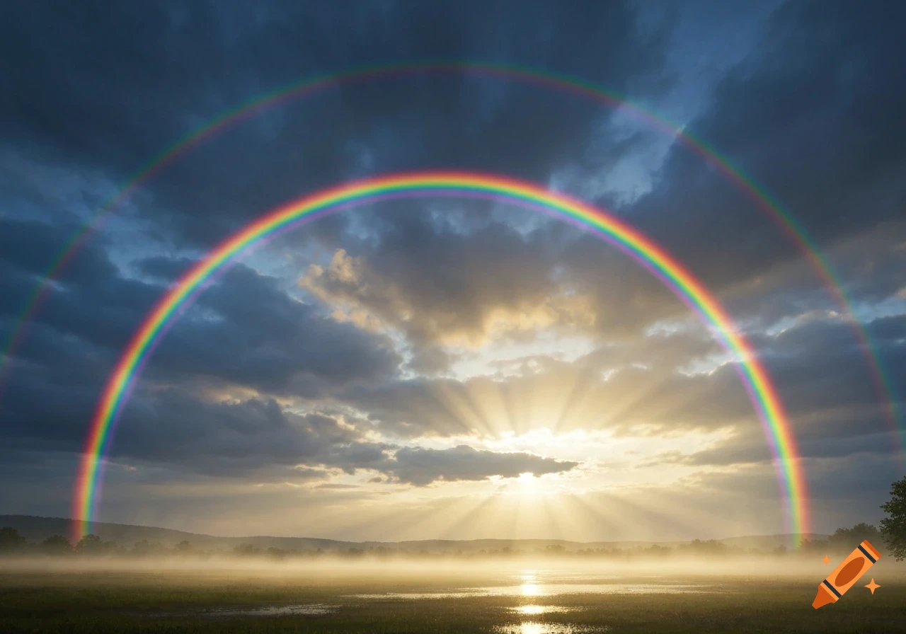 Double rainbow arches over a misty field with sun rays breaking through dramatic clouds at sunrise.