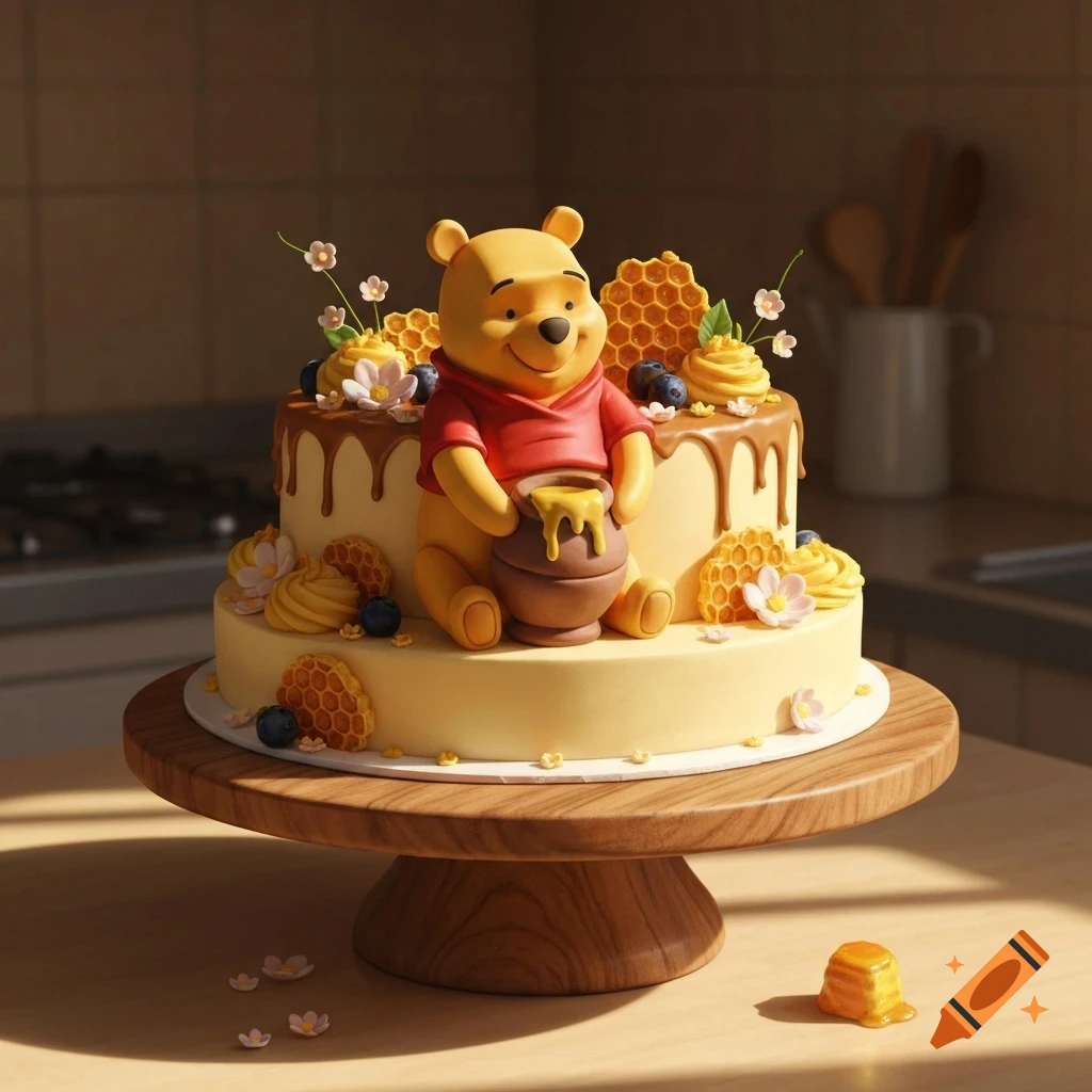 A detailed, two-tiered Winnie the Pooh cake with chocolate drips, honeycombs, blueberries, and flowers, on a wooden stand.