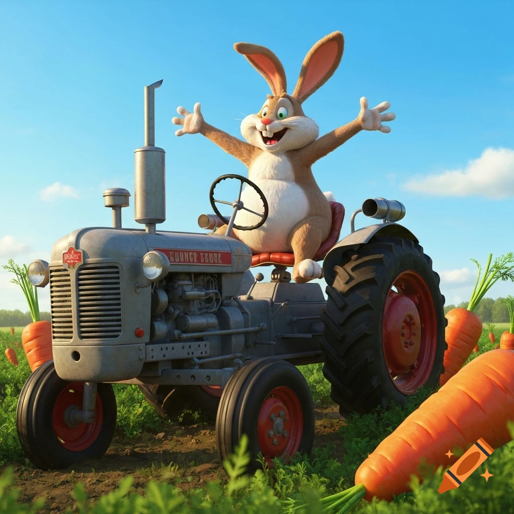 A cartoon rabbit with its arms raised triumphantly drives a gray tractor through a field filled with giant carrots under a blue sky.