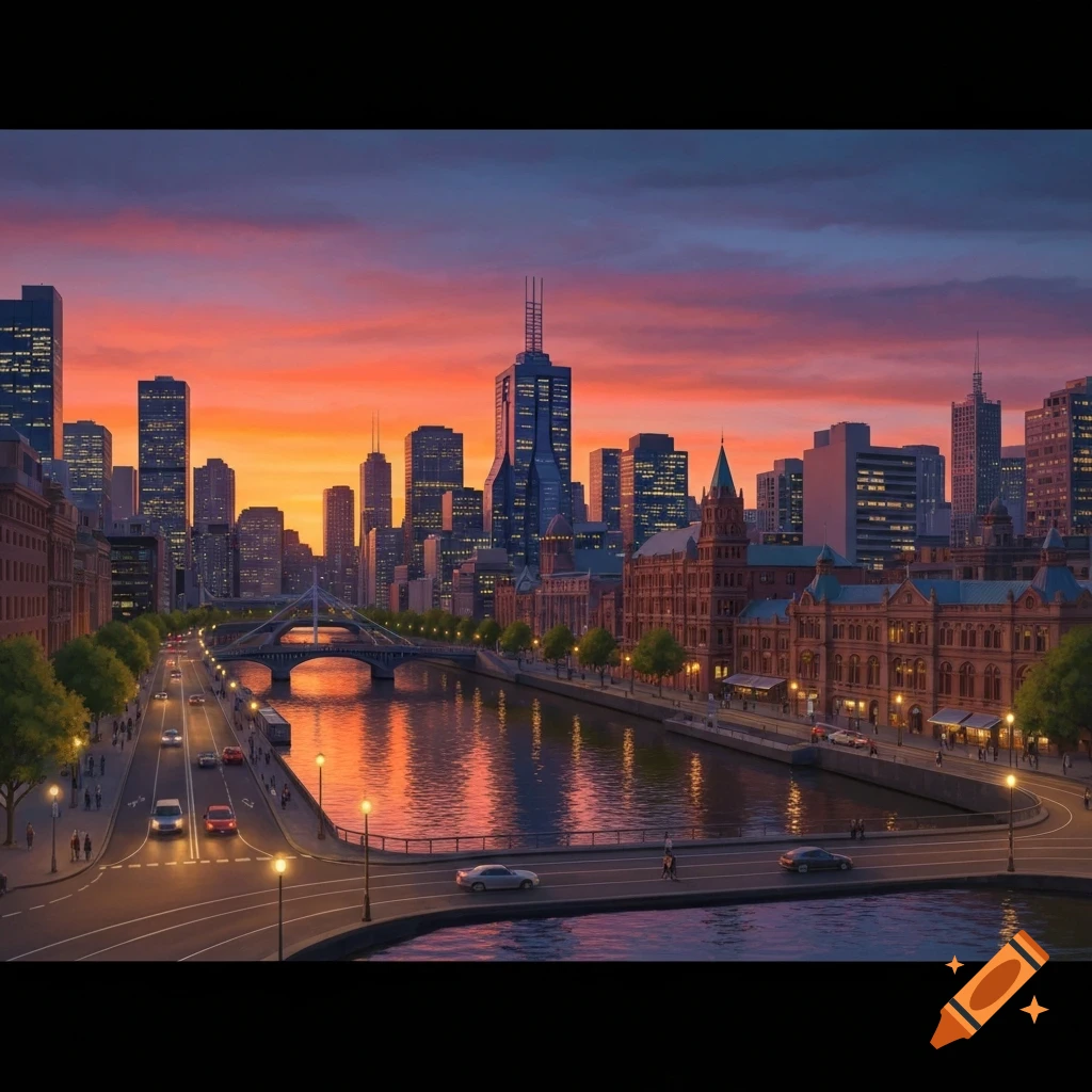 Vibrant cityscape at sunset with tall buildings reflecting in a river ...