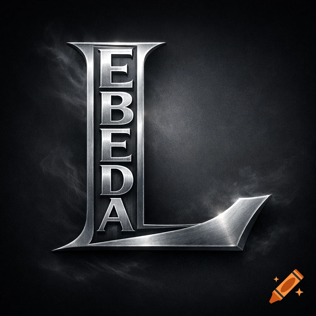 A stylized, chiseled metallic letter L with the letters "EBEDA" embossed vertically on its upright stroke, against a dark textured background.