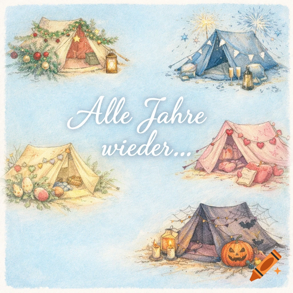 Four watercolor illustrations of camping tents decorated for Christmas, New Year's, Valentine's, Easter, and Halloween, with 'Alle Jahre wieder...' text.