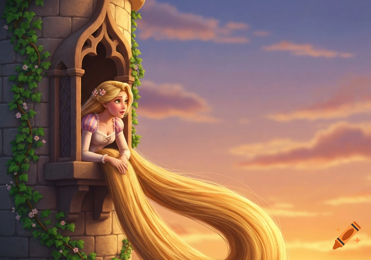 An animated blonde woman with very long hair looks out from a stone tower window against a sunset sky.