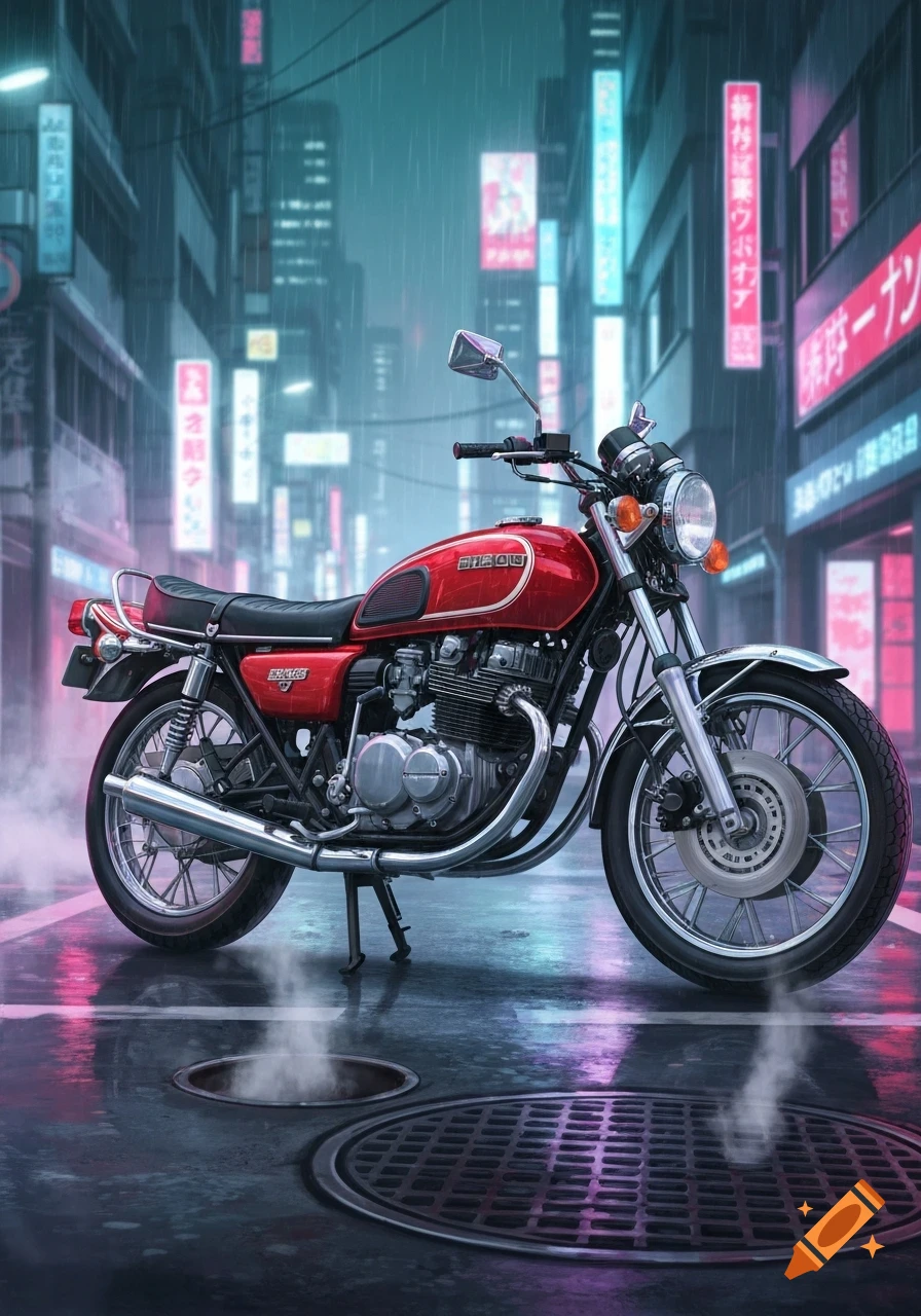 A vibrant red vintage motorcycle parked on a wet street in a rainy anime-style city at night, with neon signs glowing in the background.