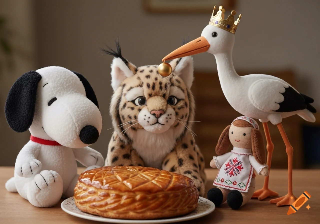 A Snoopy plush, lynx plush, crown-wearing stork plush, and Alsatian doll gathered around a golden King's Cake on a table.