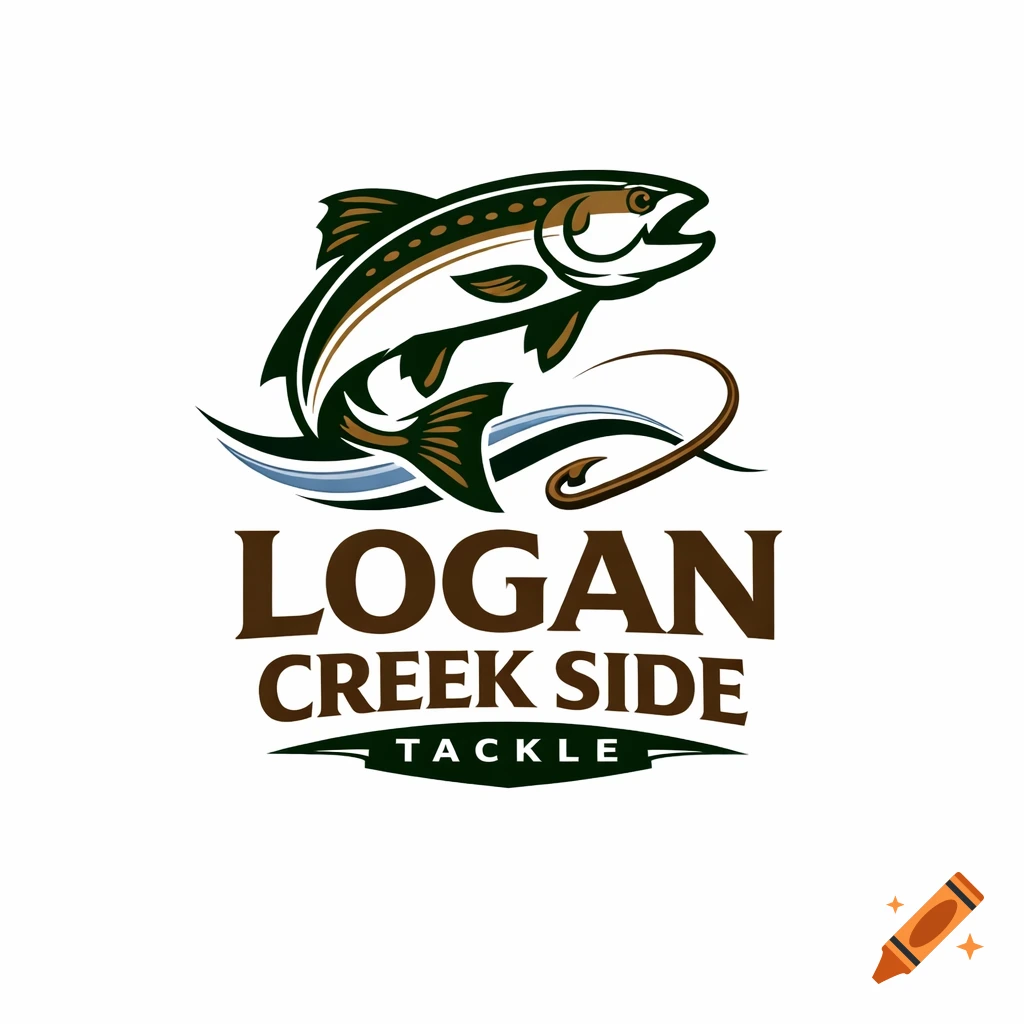 A logo for Logan Creek Side Tackle, featuring a leaping fish, a fishing hook, and blue waves on a white background.