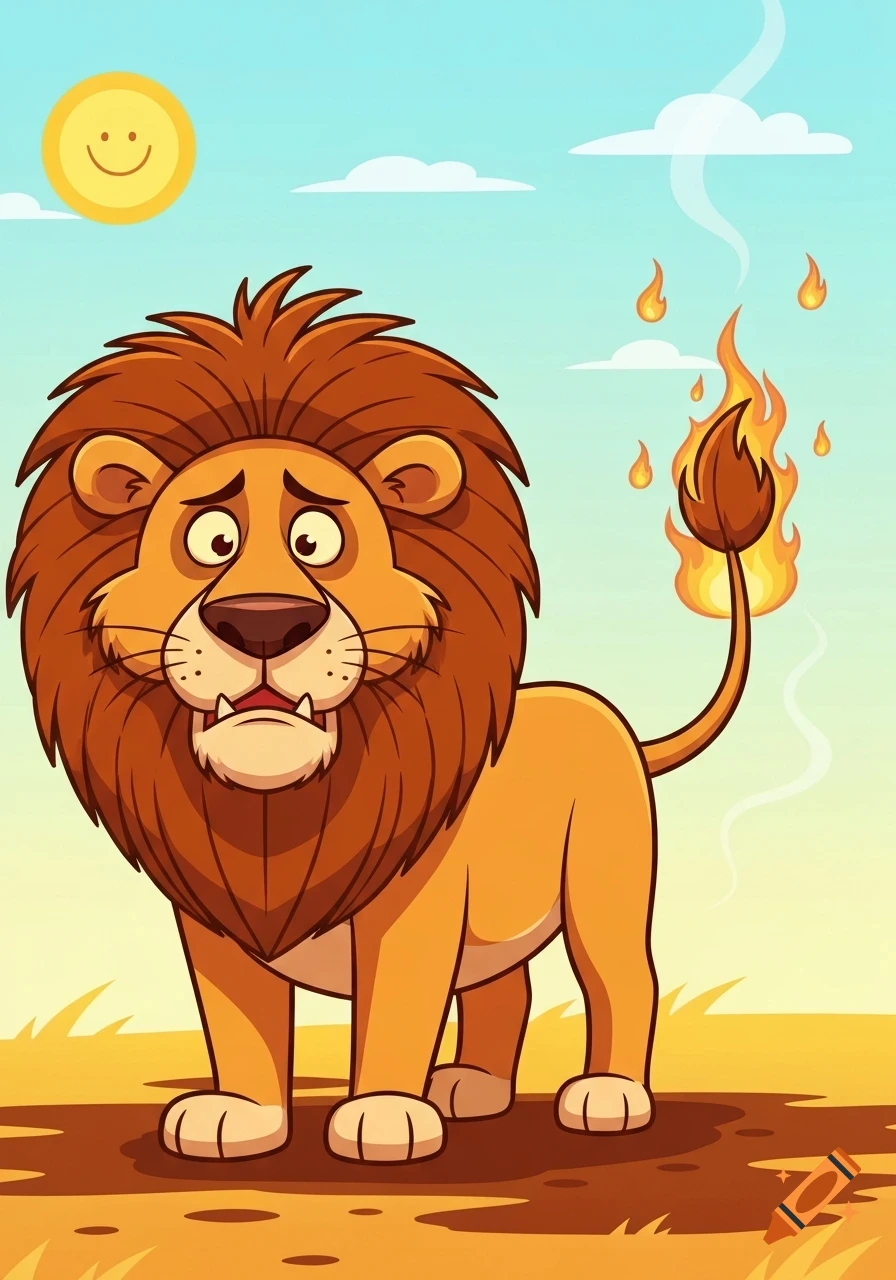 A worried cartoon lion stands in a field with its tail tuft burning under a smiling sun in a blue sky.