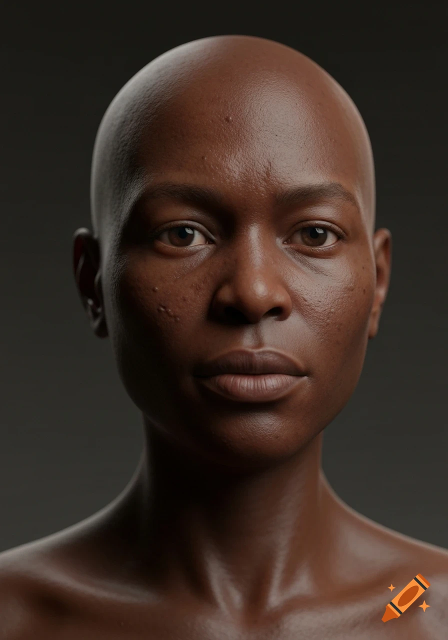 Ultra-realistic close-up portrait of a person with deep brown skin and a bald head, facing forward with a calm expression.
