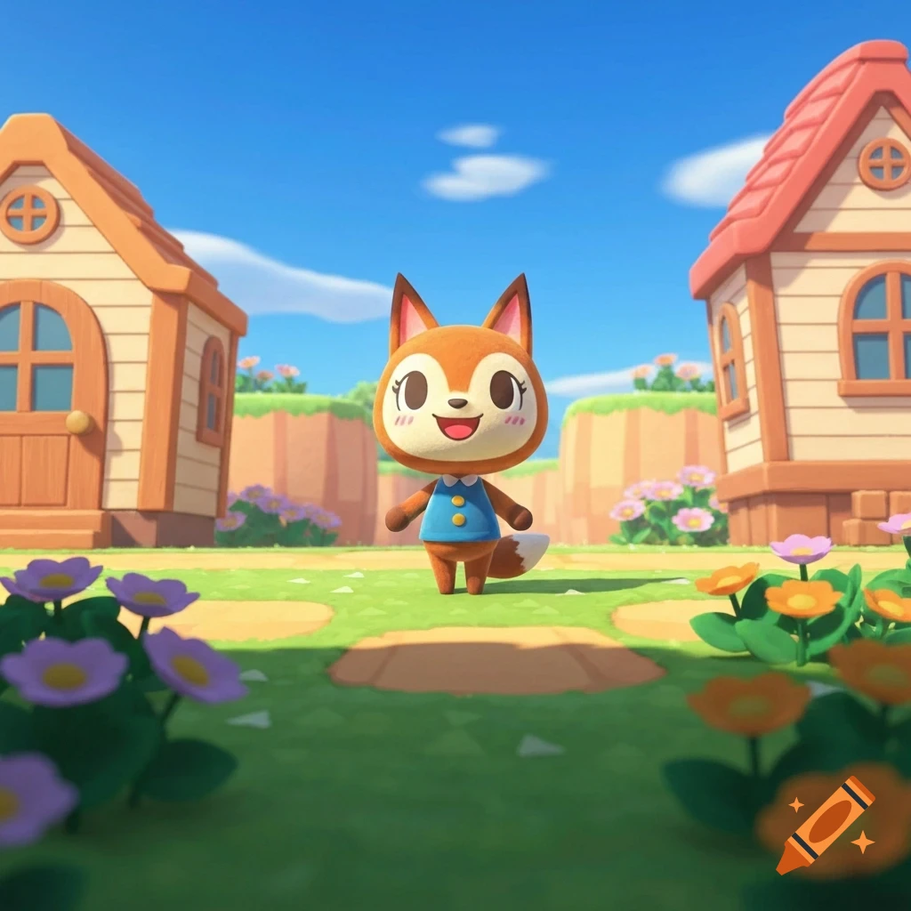 A cute, smiling orange fox-like villager in a blue shirt stands in a sunny, grassy Animal Crossing village between two houses, surrounded by flowers.