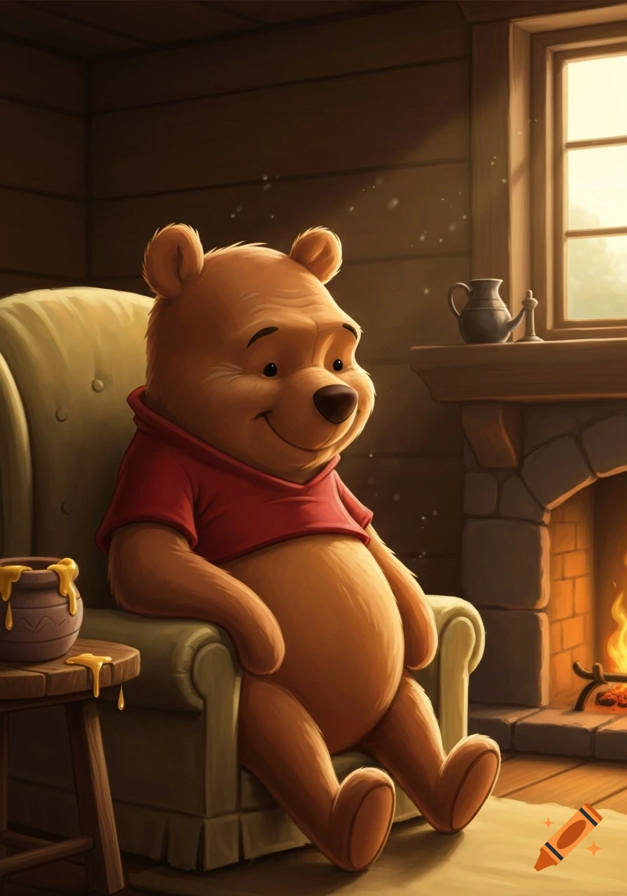 Winnie the Pooh sits in a cozy armchair next to a fireplace, a pot of honey nearby.