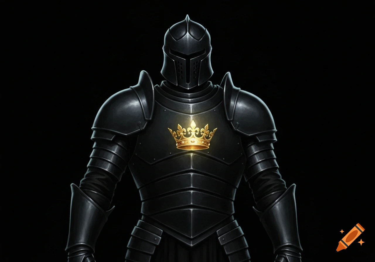 An illustration of a knight in pitch black armor and helmet, featuring a glowing golden crown on the chest plate.