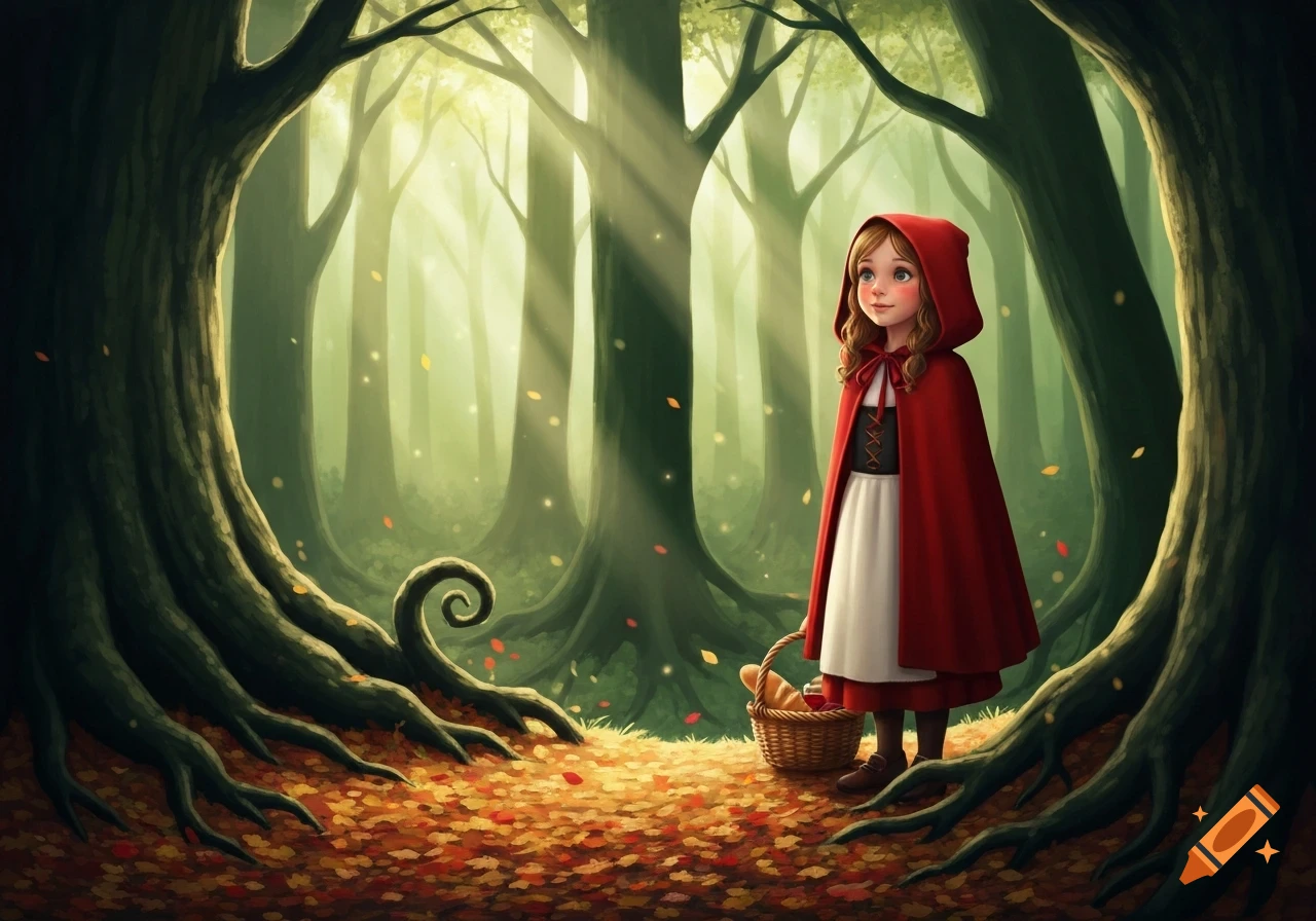 Little Red Riding Hood stands in an enchanted forest with sun rays, carrying a basket, in an illustrated storybook style.