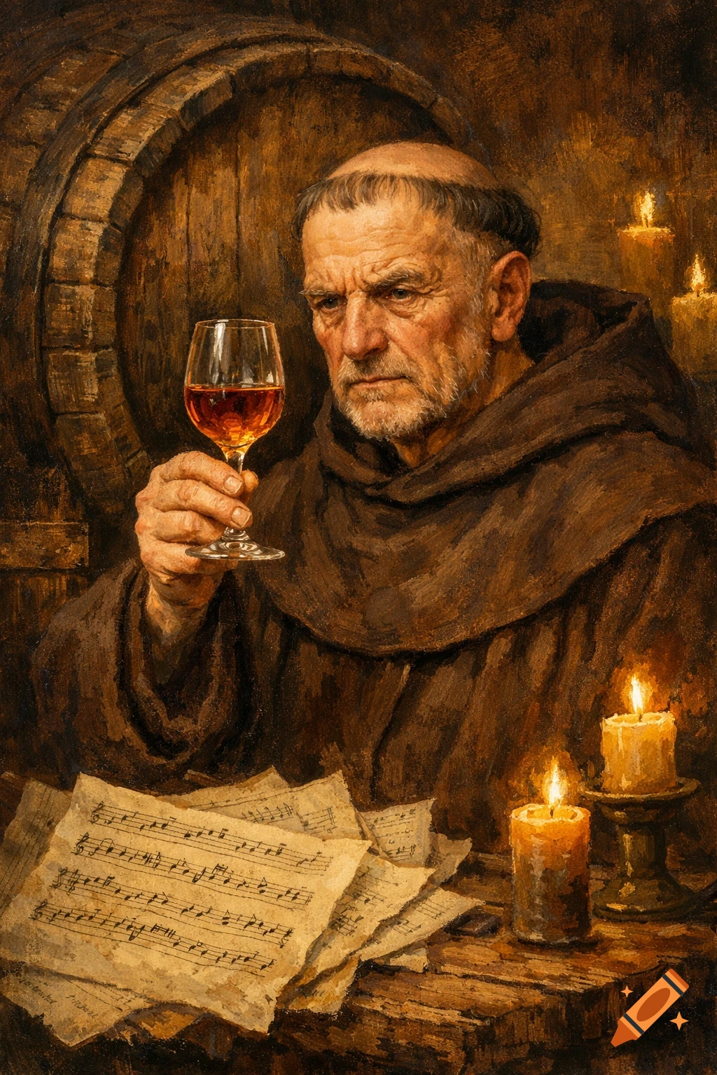 An old monk in brown robes holds a glass of wine, looking at musical sheets by candlelight, with a large wooden barrel in the background, in an oil painting style.