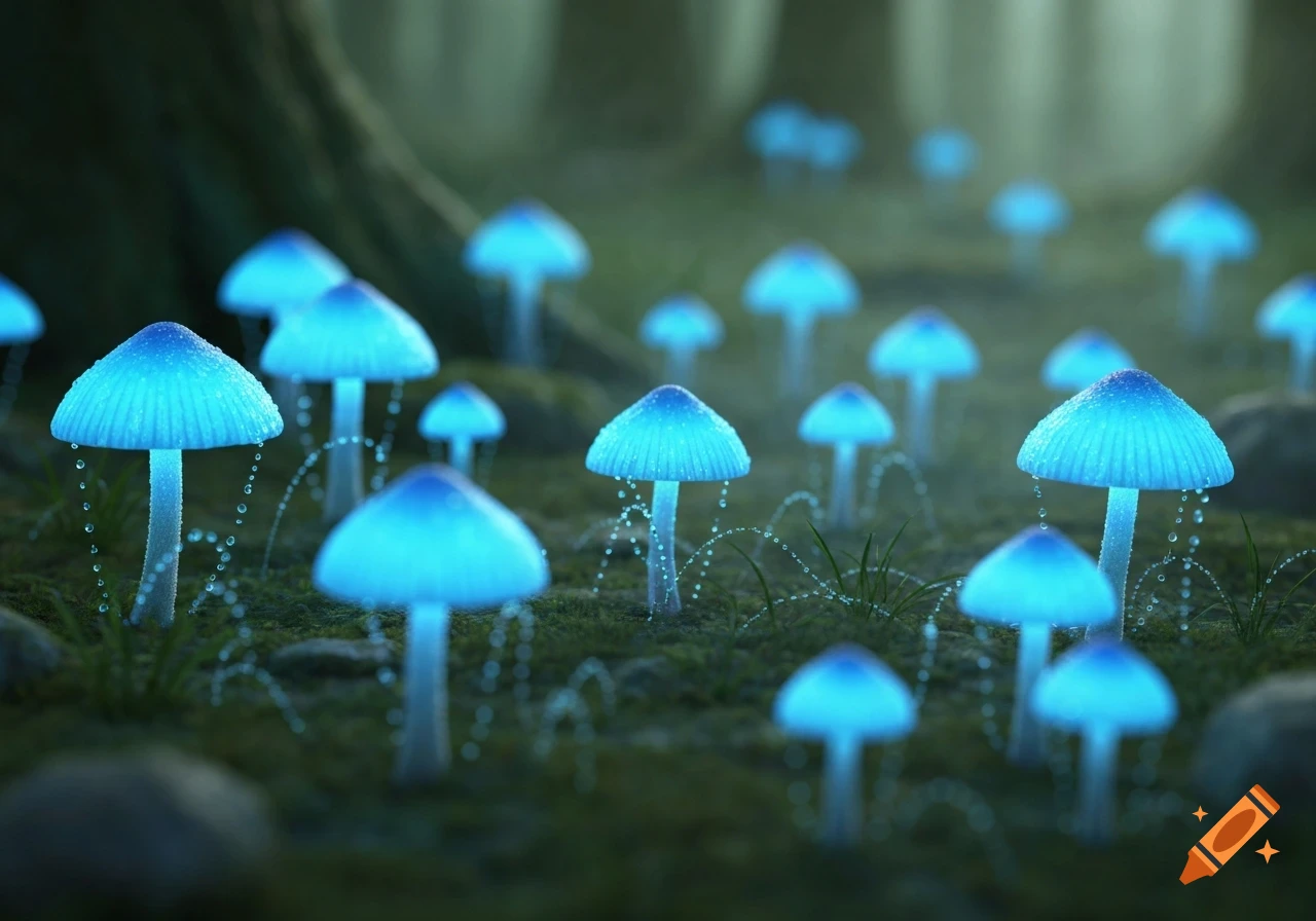Close-up of glowing blue mushrooms covered in water droplets on a mossy forest floor, with a blurred, misty background.