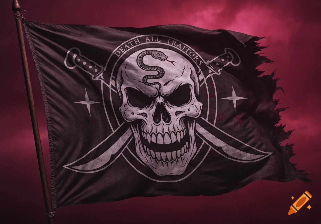 A dark, tattered Jolly Roger flag with a skull, crossed swords, and a snake, featuring the text 'DEATH ALL TRAITORS' against a red background.