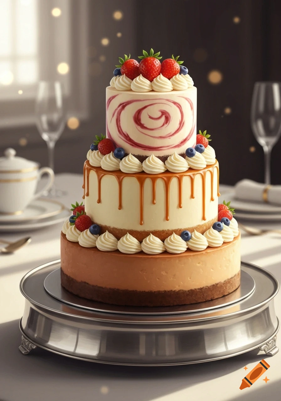 A three-tiered cheesecake decorated with strawberries, blueberries, cream, and caramel drips on a silver stand, with blurred dining ware in the background.