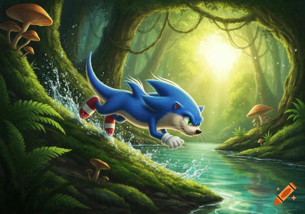 A blue, otter-like Sonic character with red and white shoes leaps through a sunlit forest stream, splashing water.