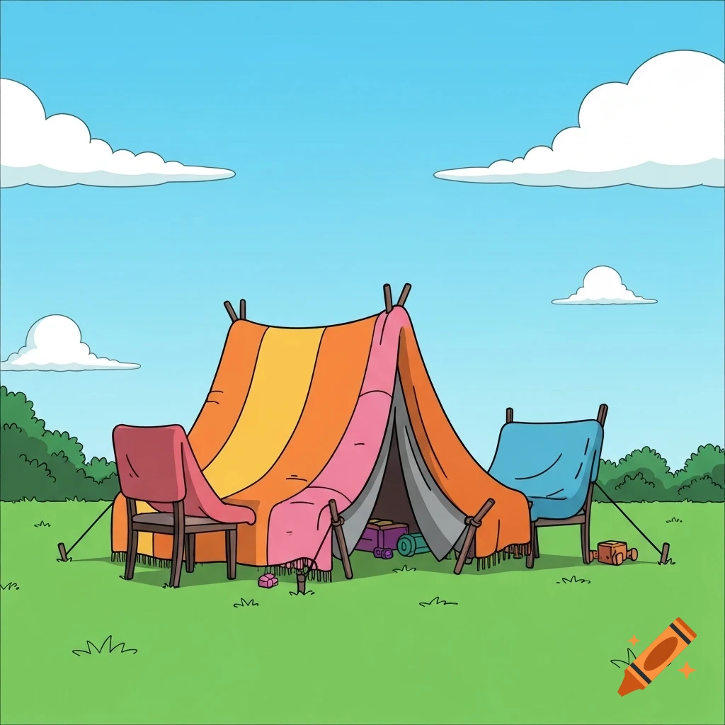 A cartoon makeshift tent made of colorful blankets draped over chairs in a green backyard under a blue sky, in Family Guy style.