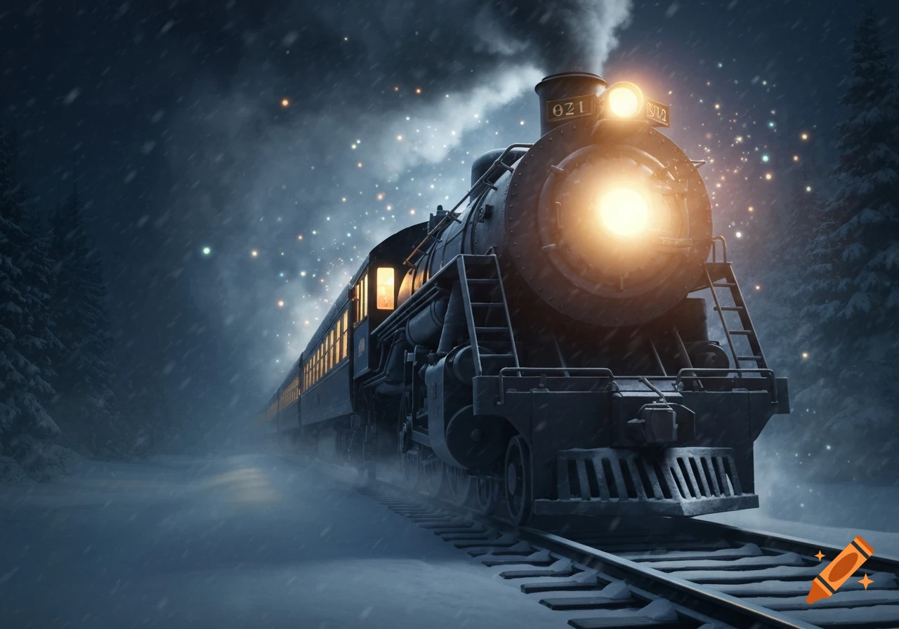 A magical train travels through a snowy forest at night, glowing with warm light and sparks.
