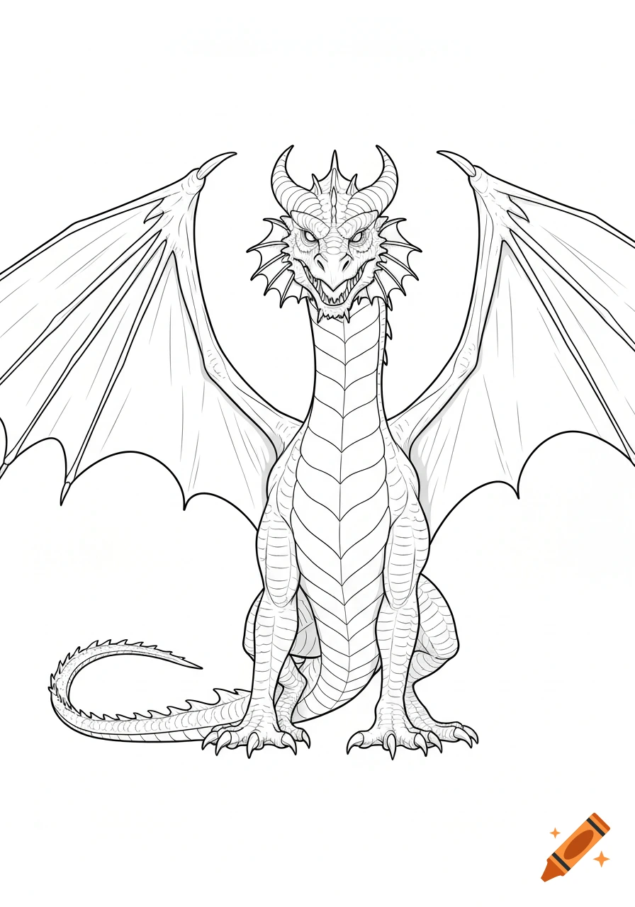 Black and white line art illustration of a frontal dragon with large wings, resembling a coloring page.