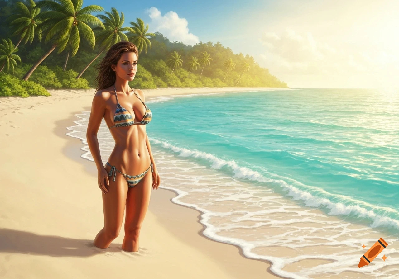 A photorealistic image of a woman in a patterned bikini standing on a tropical beach with palm trees and turquoise ocean.