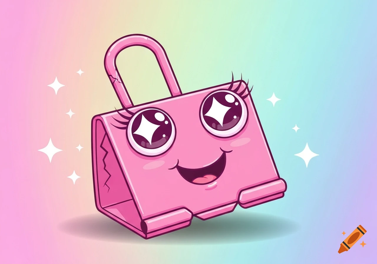Cute pink anthropomorphic binder clip mascot with big sparkling eyes and a cheerful smile on a pastel background with stars, in a cartoon style.