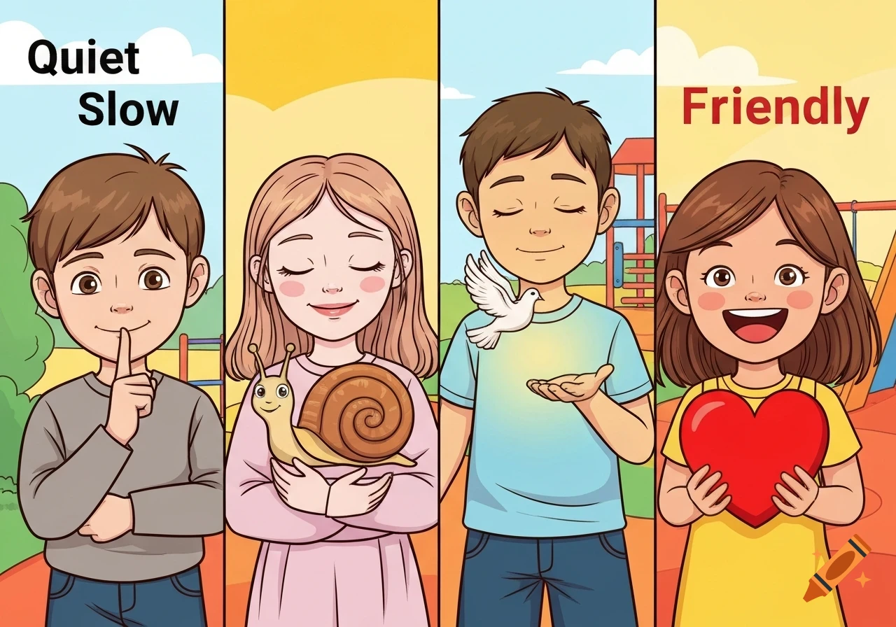 A cartoon illustration divided into four panels, each featuring a child representing an attribute: quiet (finger to lips), slow (holding a snail), peaceful (with a dove), and friendly (holding a heart).
