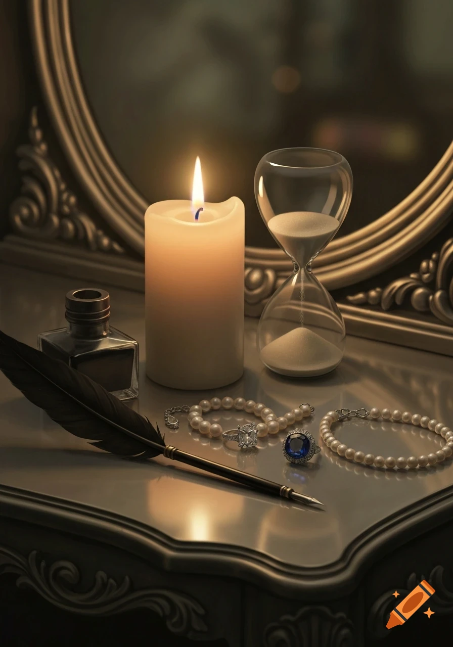 A photorealistic still life with a lit candle, hourglass, quill, ink, and ornate jewelry on a vanity.