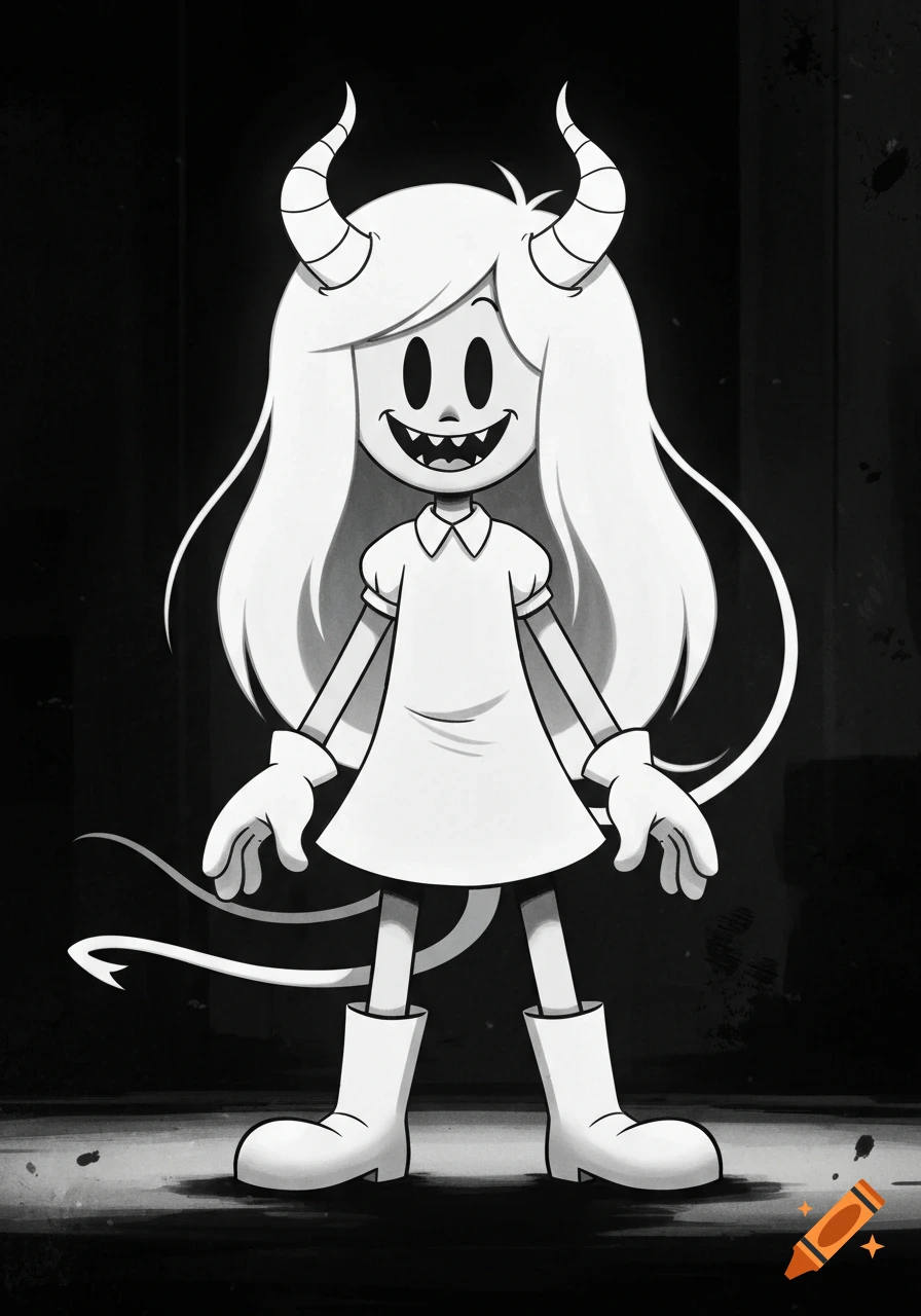 A black and white cartoon demon girl with long white hair, horns, a jagged smile, and a tail, wearing a white dress, gloves, and boots.