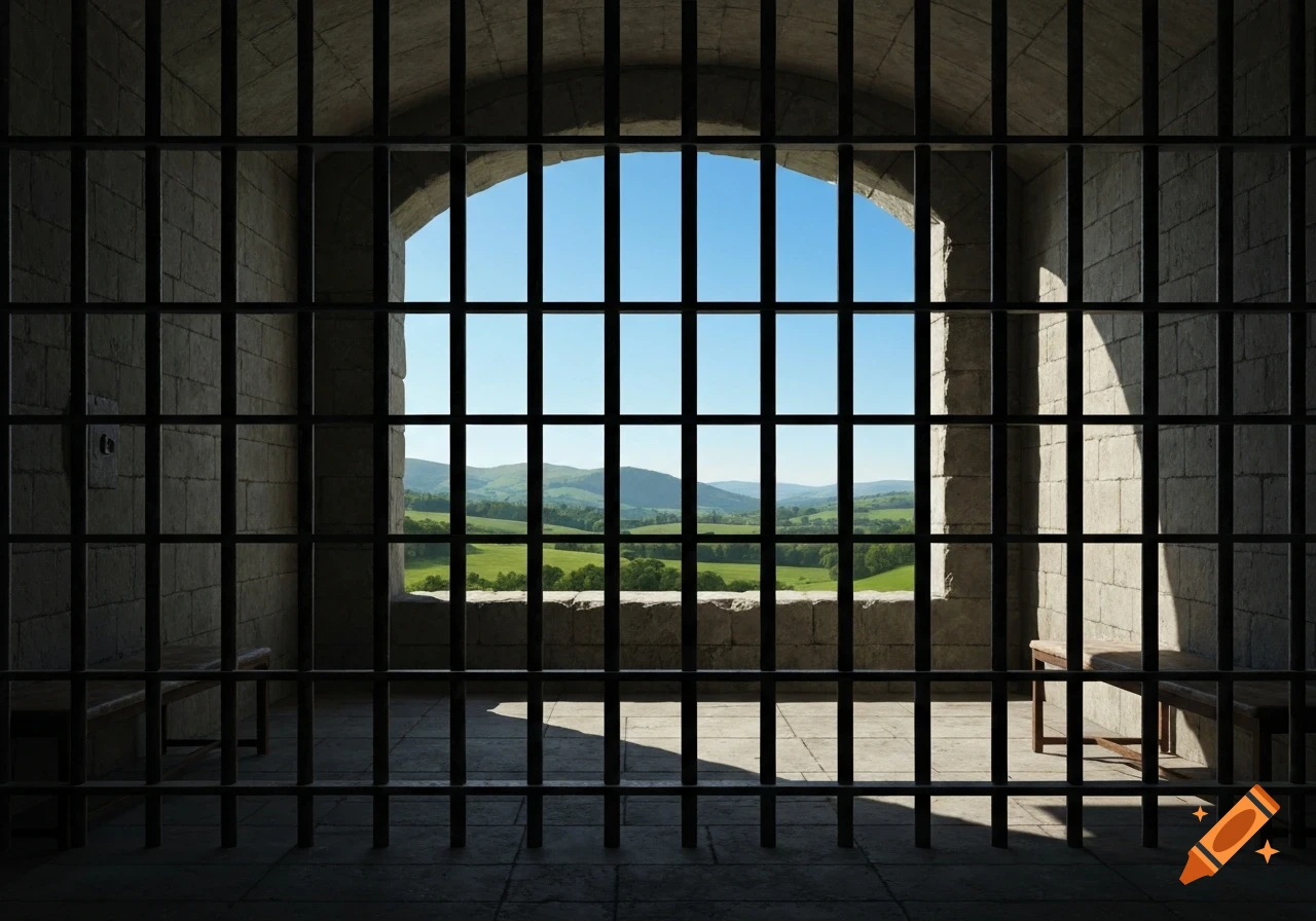 View from inside a dark prison cell with iron bars, looking out through an arched window at a bright green landscape with rolling hills.