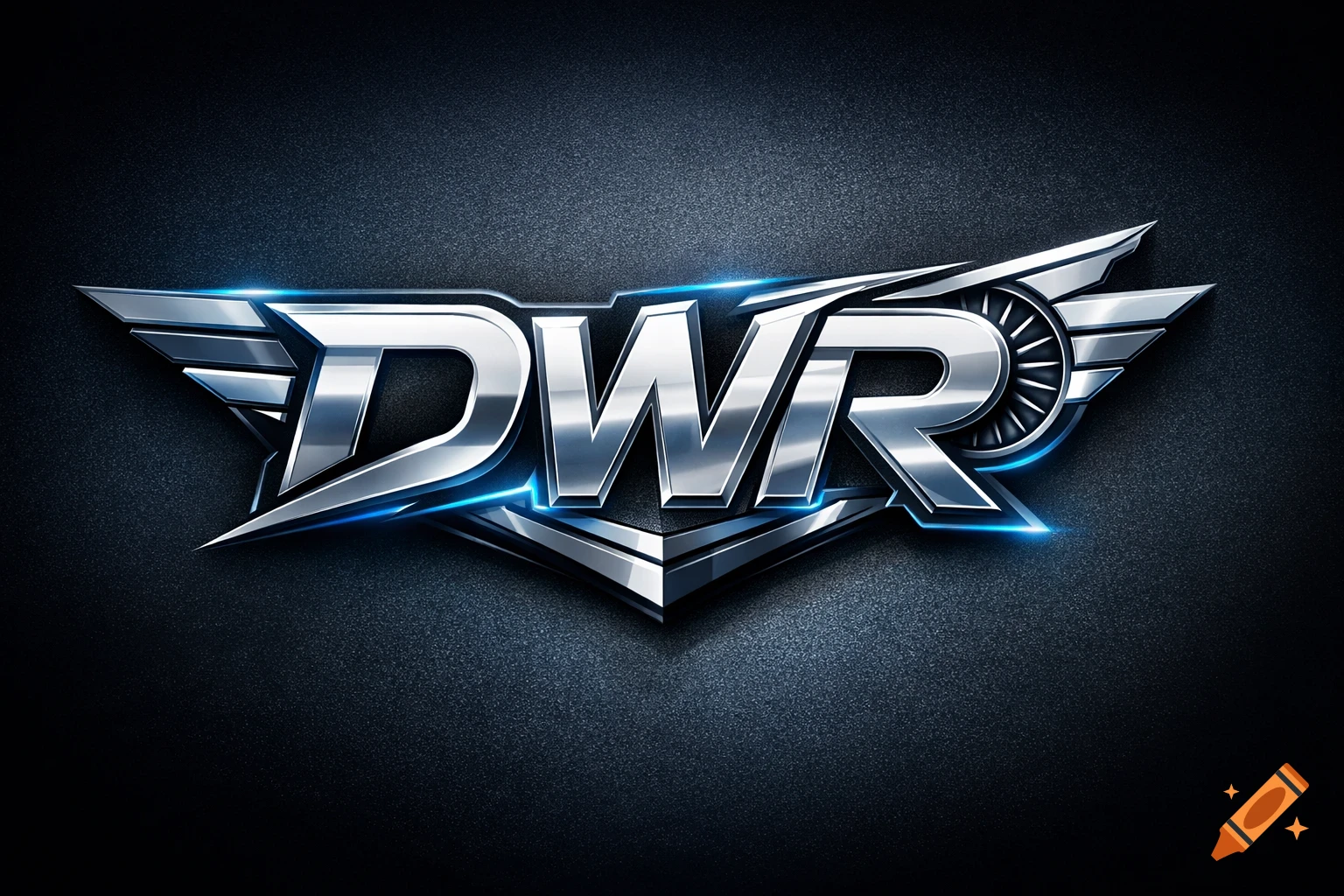 A sleek, metallic logo featuring the letters DWR with stylized silver wings, accented with blue light, set against a dark textured background.