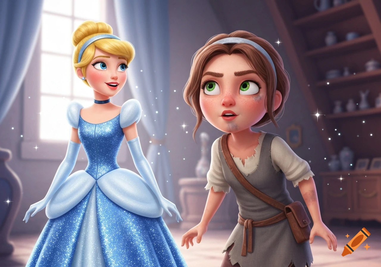 Animated Cinderella in a sparkling blue ball gown stands beside a girl in rags in a magical indoor setting.