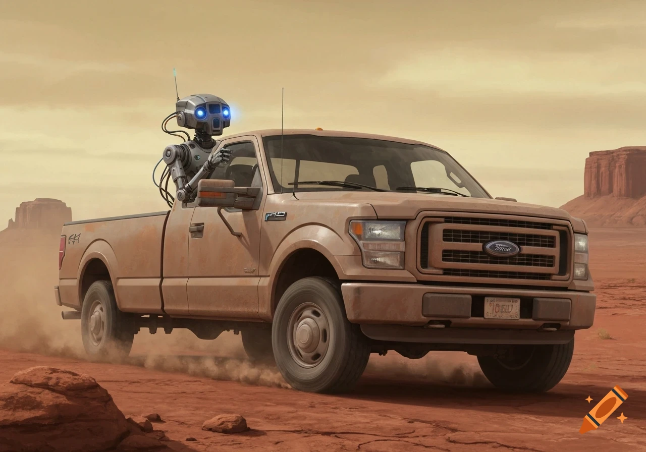 A robot resembling TARS from Interstellar drives a tan Ford pickup truck through a red desert landscape, kicking up dust.