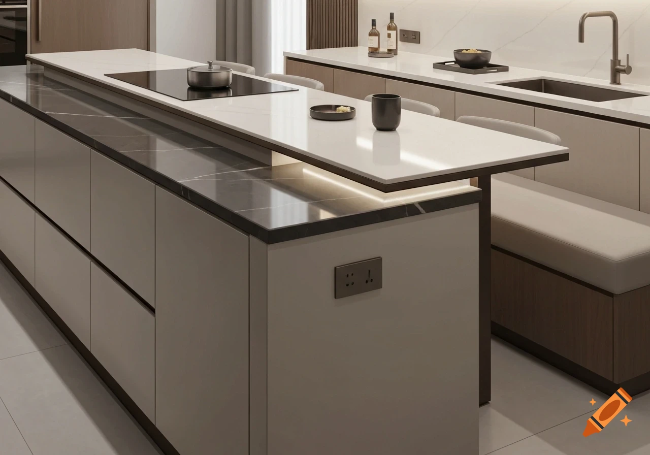 Modern kitchen with a long island featuring a white countertop, built-in stovetop, and integrated dining area with a bench.