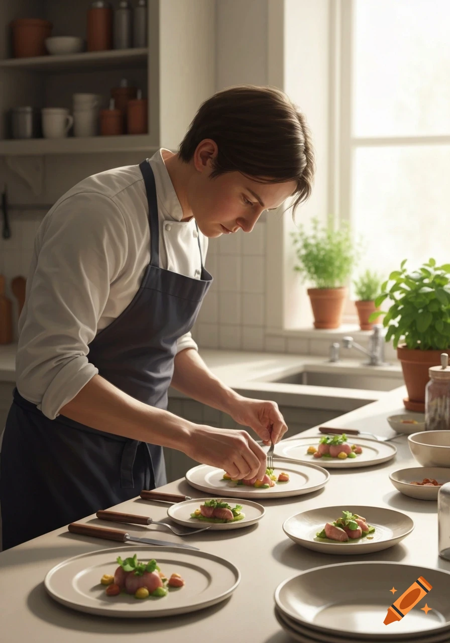 A chef in a white shirt and blue apron meticulously plates small, artfully arranged dishes in a bright kitchen.