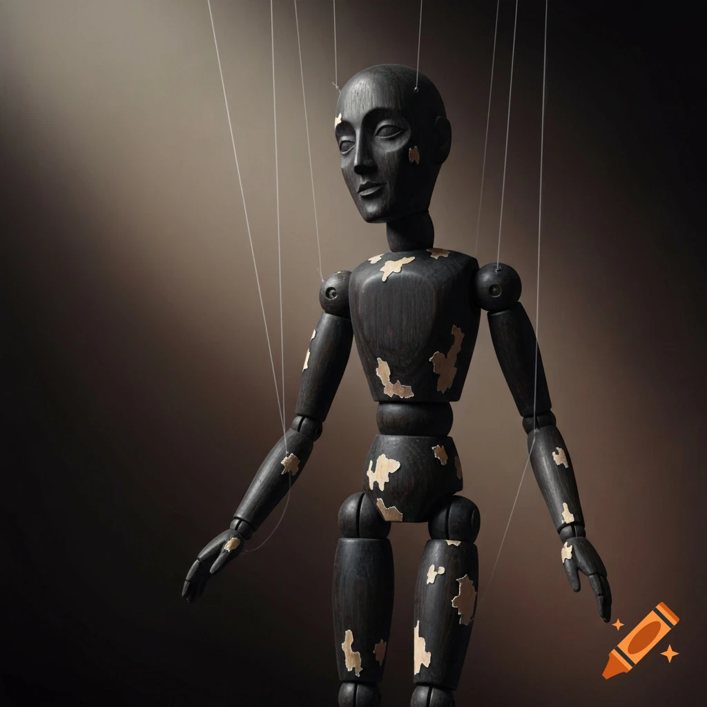 A dark wooden marionette with flaking paint and translucent strings against a gradient brown background.