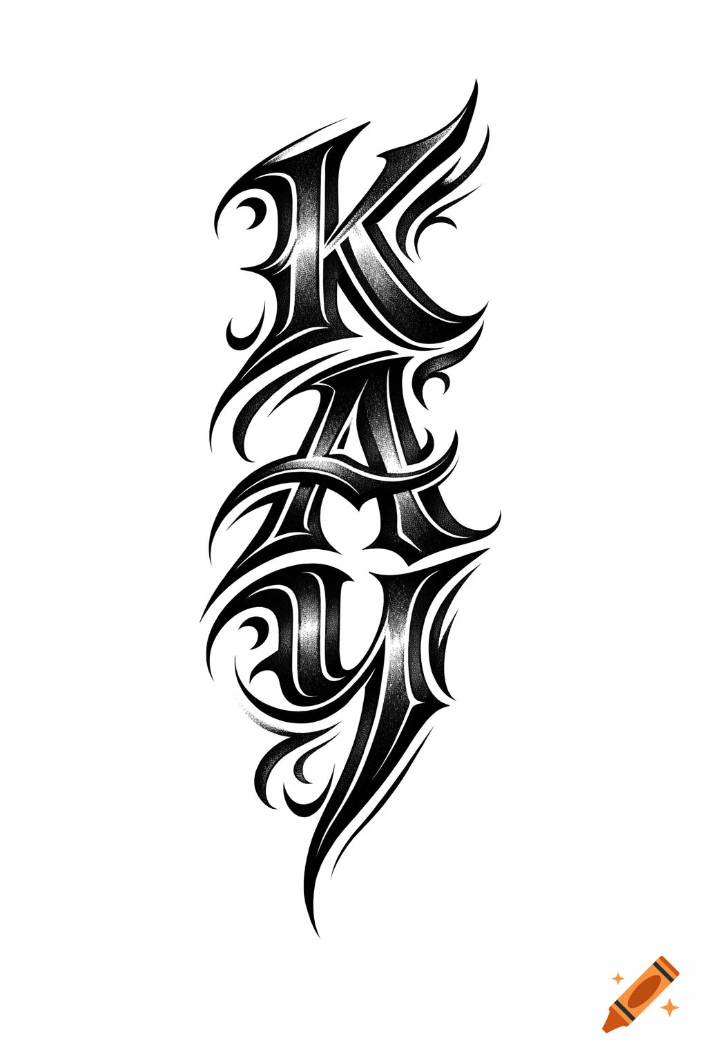 Stylized black gothic letters K, A, Y arranged vertically as a tattoo design.