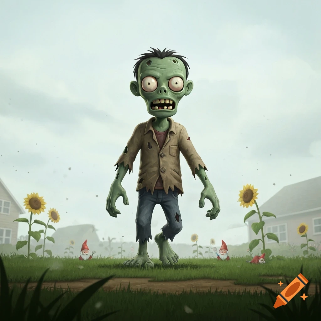 A cartoon zombie with green skin and tattered clothes stands in a grassy yard with sunflowers and garden gnomes.